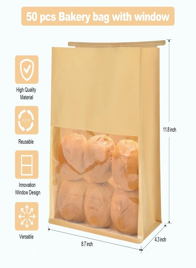 Funcoo 50 Bread Bags with Tabs for Homemade Sourdough Bread Bakery Storage Bags with Window/Ties，Large Bakery Loaf Bag for Baked Goods Packaging(11'' X 8.7'' X 4.3'') (Kraft) - Image 2
